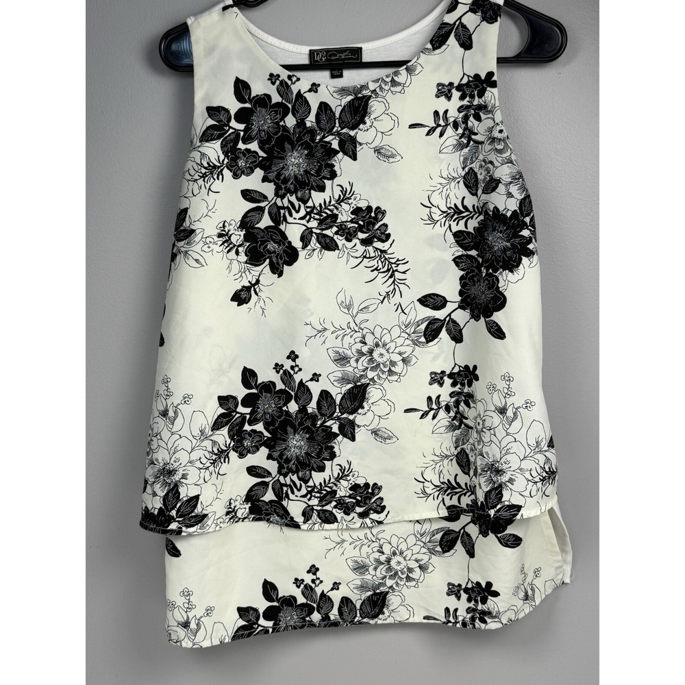 Dennis Basso Top Womens S White Black Blouse Floral Sleeveless Pullover